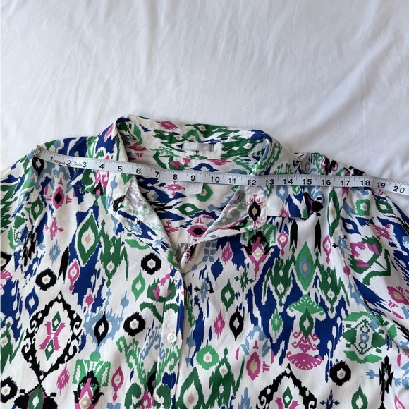 Chico's White Ikat Print Button-Up Shirt with Green, Blue and Pink Accents - Picture 8 of 11